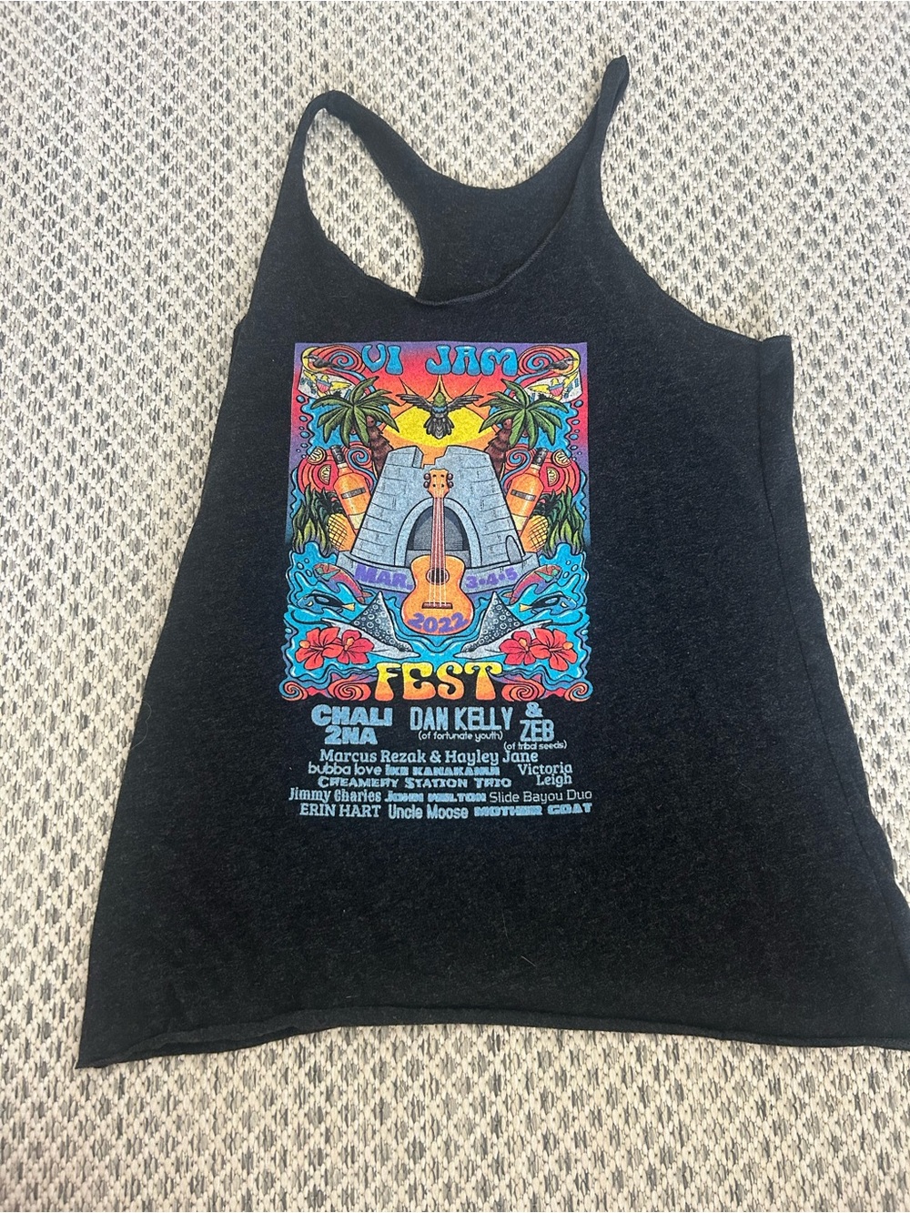 Black Graphic Festival Tank with Colorful Hawaiian Print